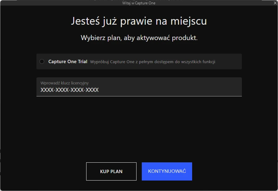okno aktywacji programu capture one pro